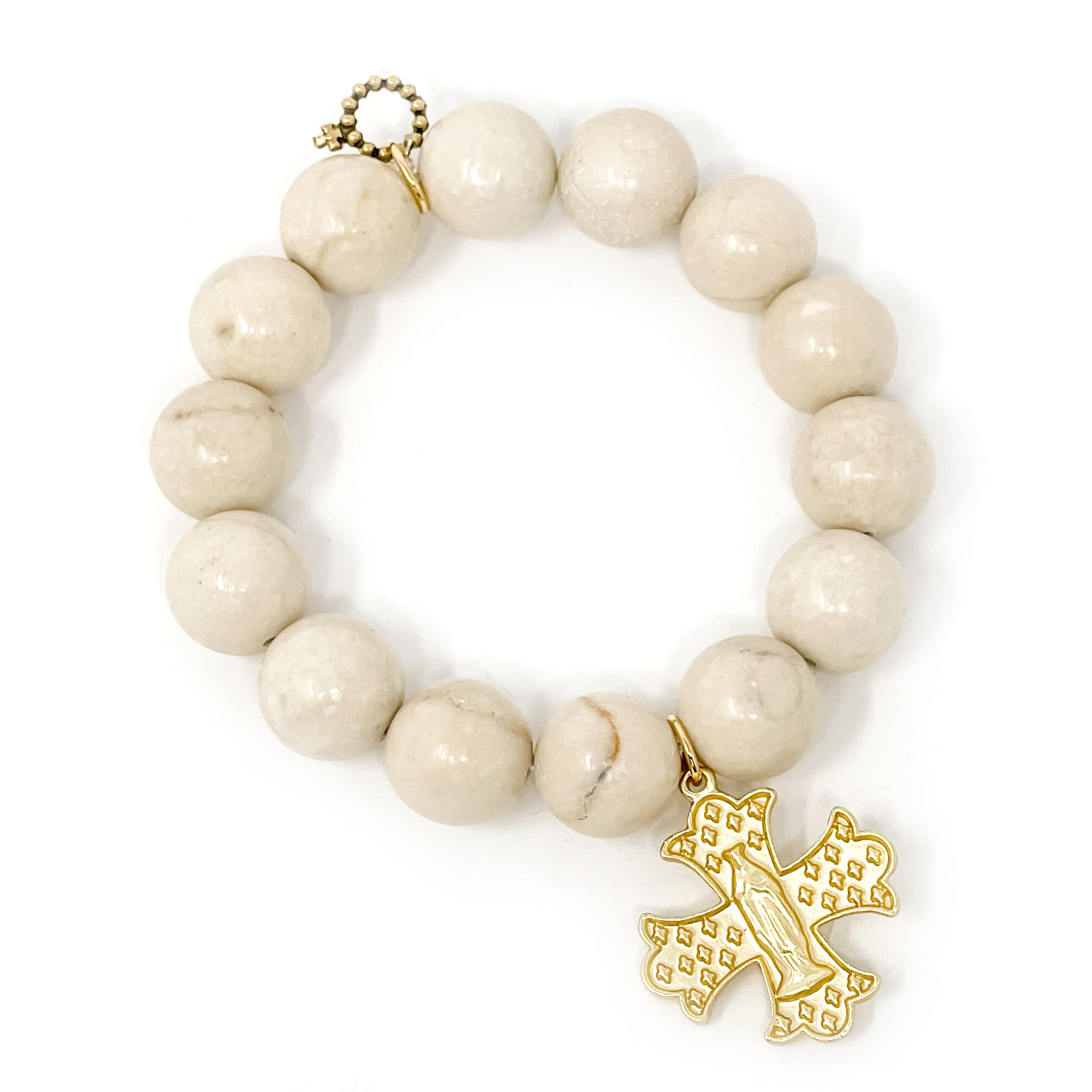PowerBeads by jen Jewelry Average 7" Private Collection- Cream Coral with Matte Gold Mary Cross