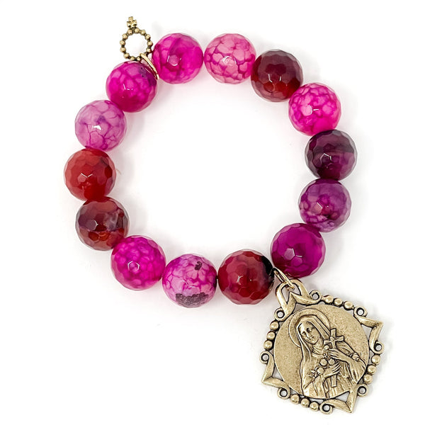 PowerBeads by jen Jewelry Average 7" Private Collection- Faceted Azalea Agate with Gold St. Therese " Little Flower"