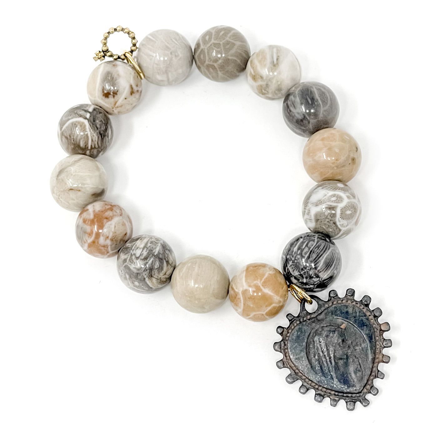 PowerBeads by jen Jewelry Average 7" Private Collection- Fossil Coral with Bronze Heart of Mary