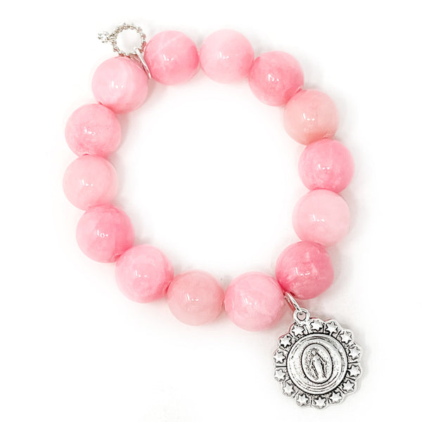 PowerBeads by jen Jewelry Average 7" Private Collection- Pedal Pink Jade with Silver Star Surround Blessed Mother