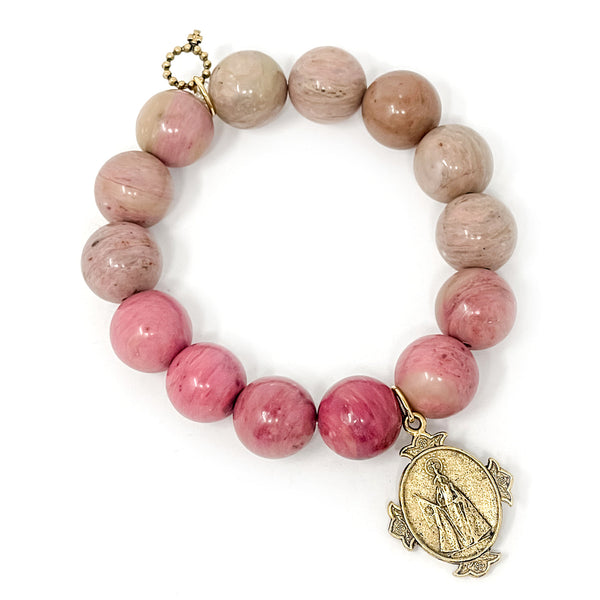 PowerBeads by jen Jewelry Average 7" Private Collection- Rhodochrosite with Gold Crowned Queen of Heaven
