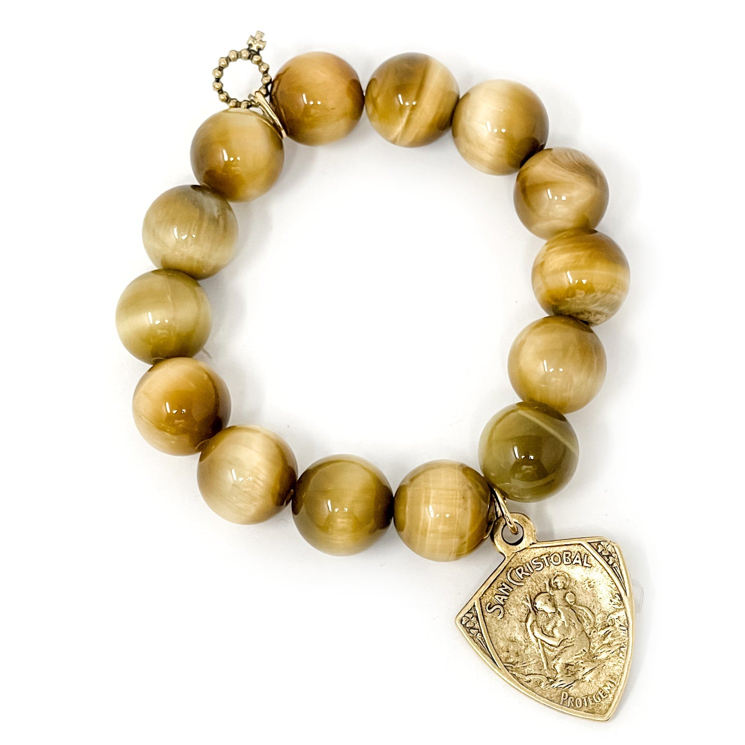 PowerBeads by jen Jewelry Average 7" Private Collection- Sunkissed Tiger Eye with St. Christopher Shield Protection