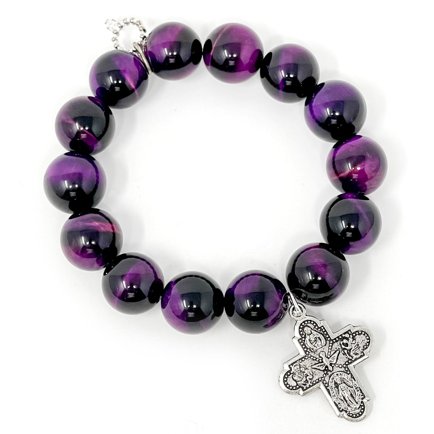 PowerBeads by jen Jewelry Average 7" Purple Tiger Eye with Classic 5-way Cross