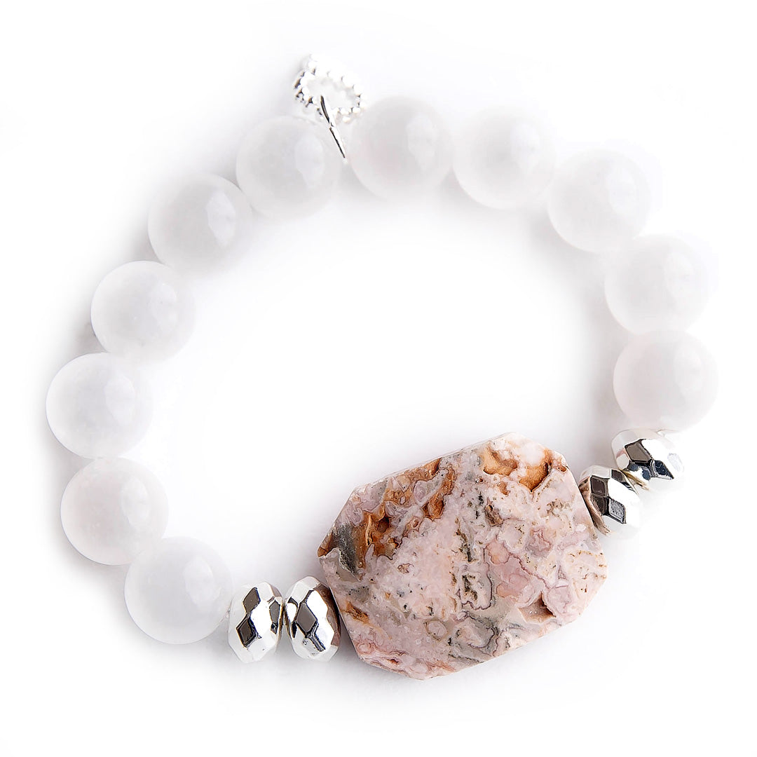 PowerBeads by jen Jewelry Average 7" Rustic Mauve Jasper Statement Slice with Silver Hematite Accents and White jade