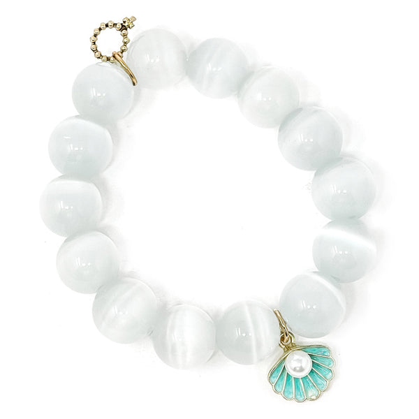 PowerBeads by jen Jewelry Average 7" White Calcite with Enameled Clam Shell and Pearl