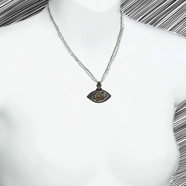 Michal Golan Medium turquoise evil eye necklace with black crystal center & edges on double strand chain, handmade at Michal Golan Studios USA