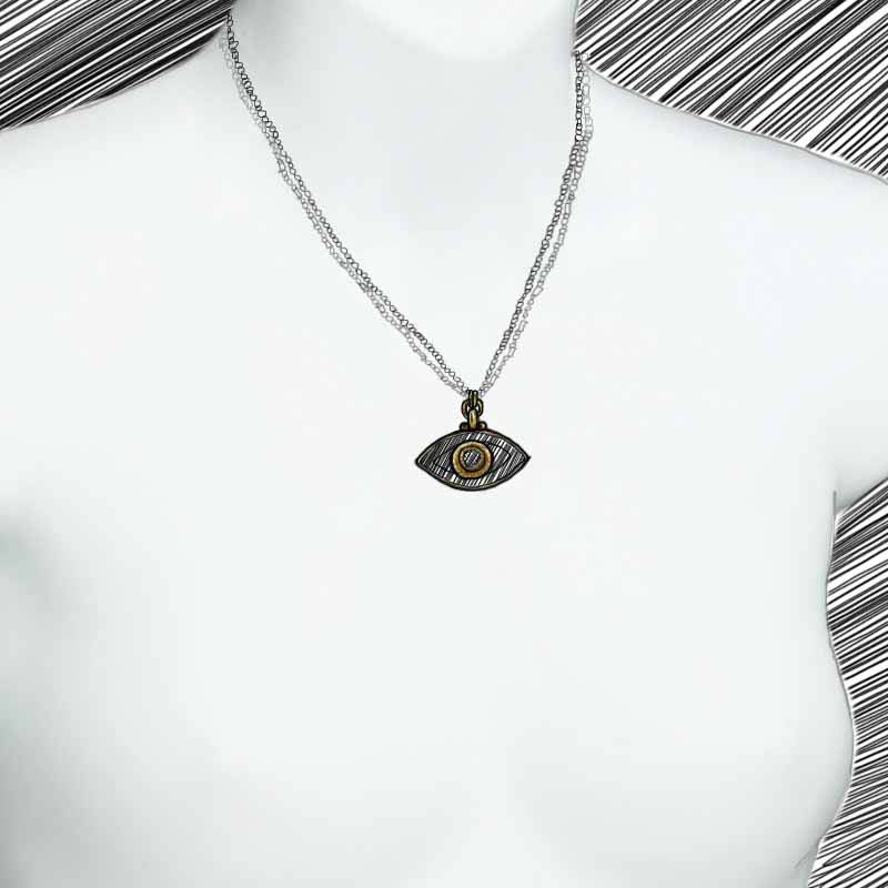 Michal Golan Medium black evil eye necklace w/ crystal center & edges on double strand chain, handmade at Michal Golan Studios USA