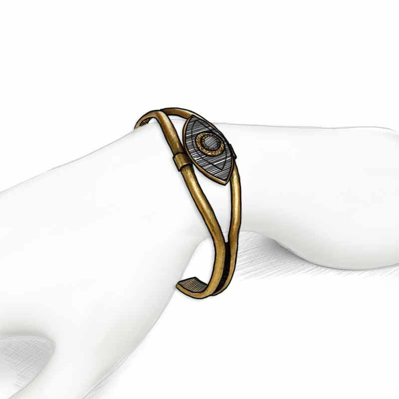 Michal Golan Medium gray evil eye cuff bracelet w/ lapiz lazuli center & purple crystal edges, handmade at Michal Golan Studios USA