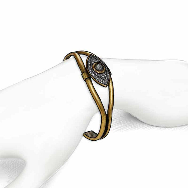 Michal Golan Medium gray evil eye cuff bracelet w/ lapiz lazuli center & purple crystal edges, handmade at Michal Golan Studios USA