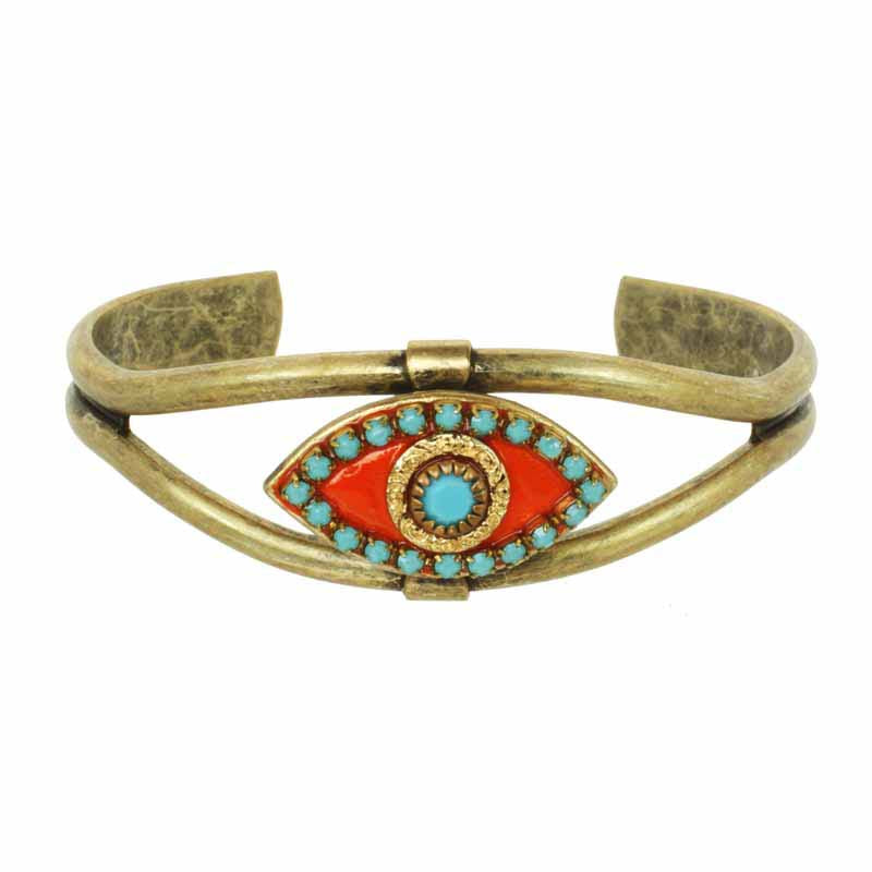 Michal Golan Medium orange evil eye cuff bracelet w/ teal crystal center & edges, handmade at Michal Golan Studios USA