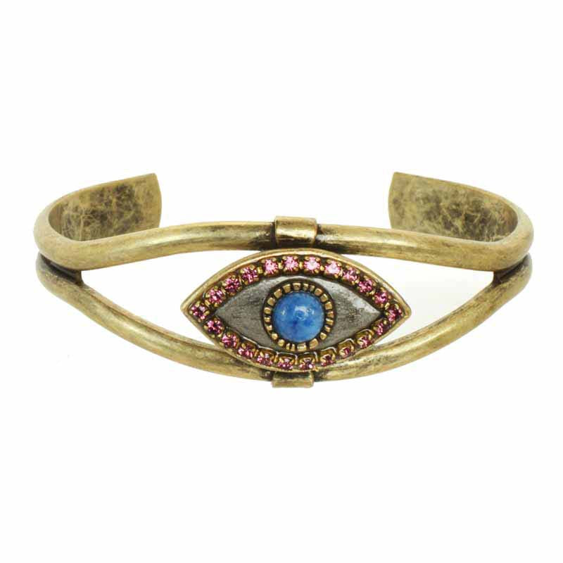 Michal Golan Medium gray evil eye cuff bracelet w/ lapiz lazuli center & purple crystal edges, handmade at Michal Golan Studios USA