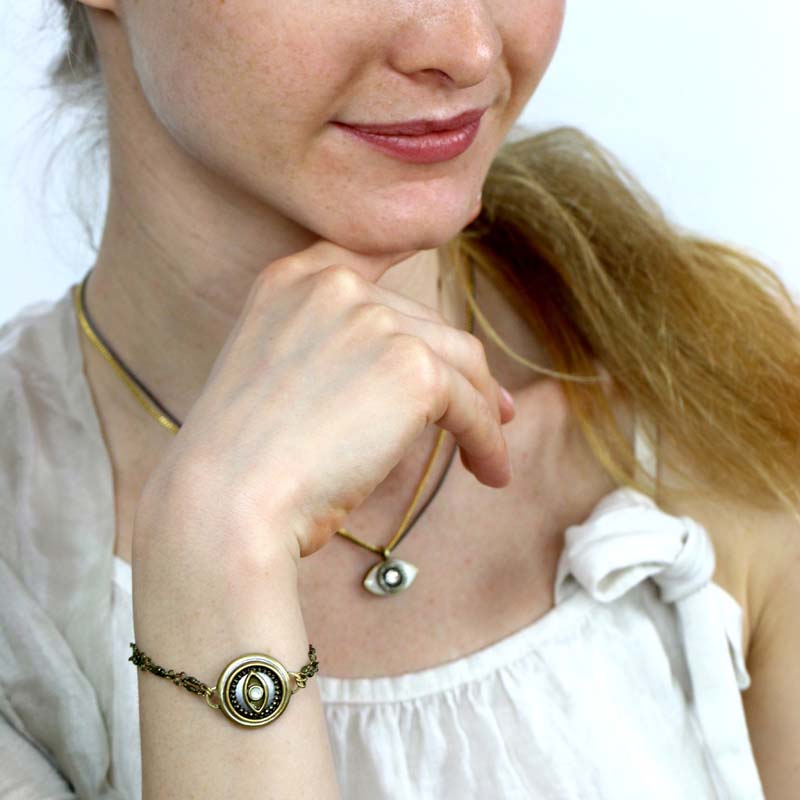 Michal Golan Round white evil eye bracelet on double chain, handmade at Michal Golan studios USA