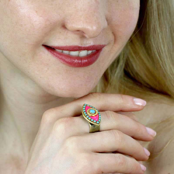 Michal Golan Pink & blue evil eye ring, handmade at Michal Golan studios USA