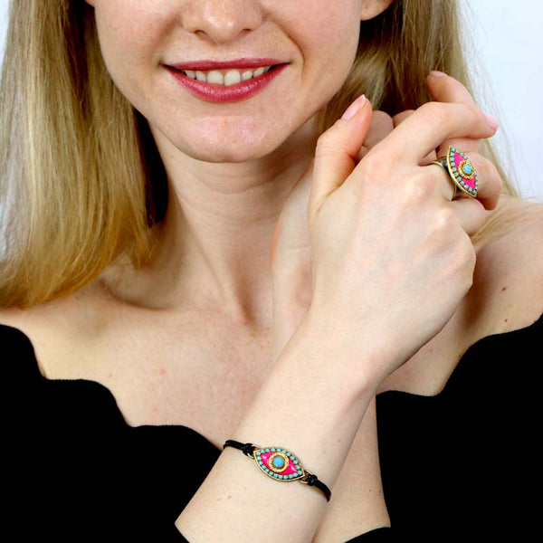 Michal Golan Medium pink evil eye bracelet with teal crystal center & edges on leather strap, handmade at Michal Golan Studios USA