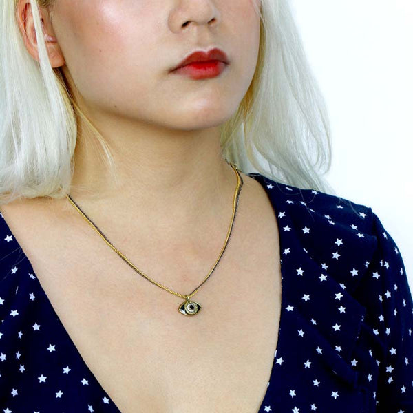 Michal Golan Small black evil eye necklace with black crystal center on double strand chain, handmade at Michal Golan Studios USA