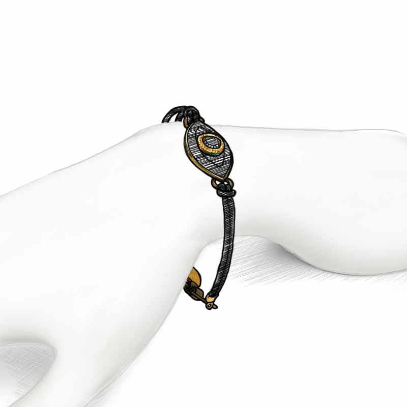 Michal Golan Medium black evil eye bracelet w/ crystal center & edges on leather strap, handmade at Michal Golan Studios USA