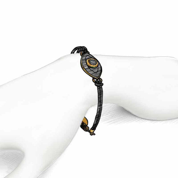 Michal Golan Medium black evil eye bracelet w/ crystal center & edges on leather strap, handmade at Michal Golan Studios USA