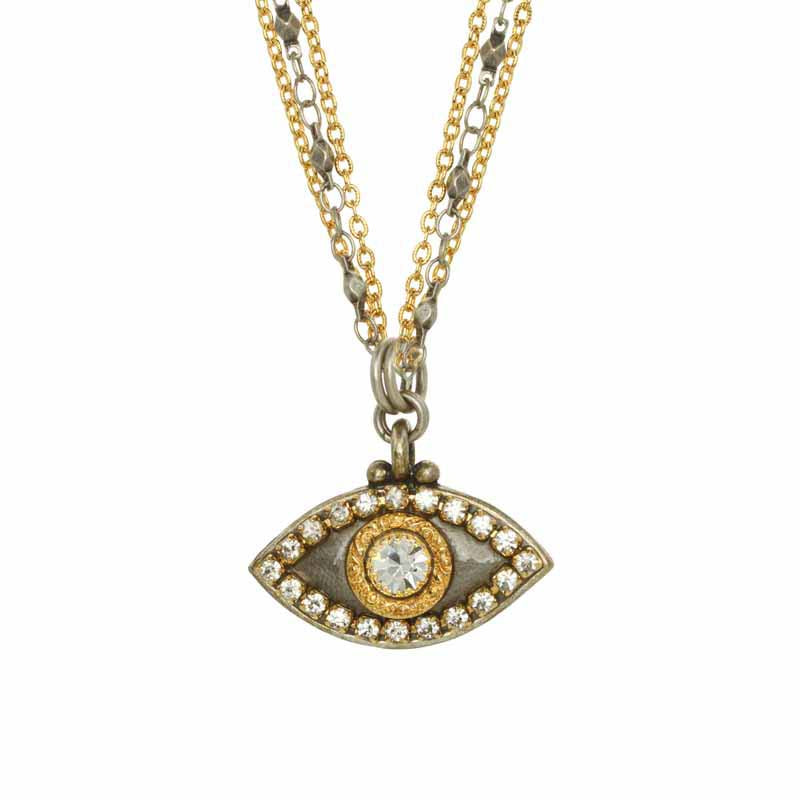 Michal Golan Medium silver & gold evil eye necklace with crystal center & edges on triple chain, handmade at Michal Golan Studios USA