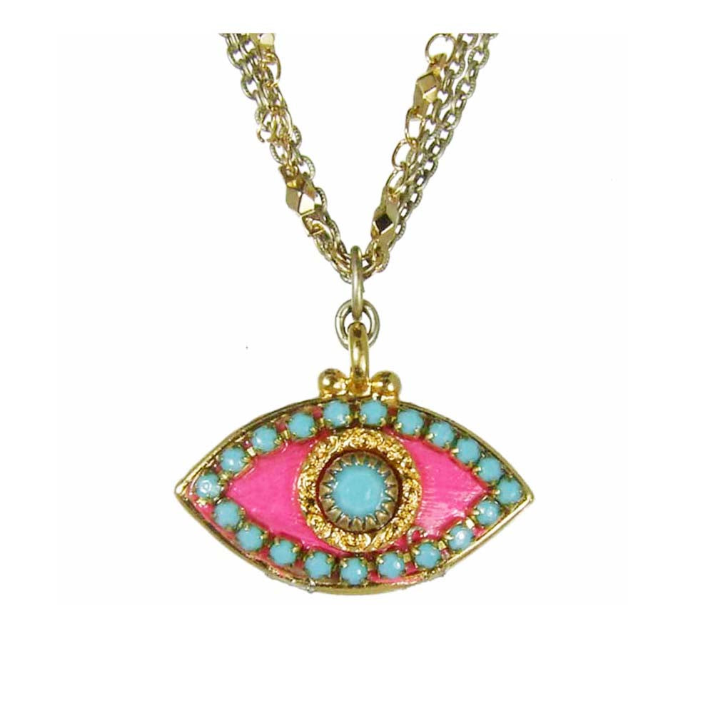 Michal Golan Medium pink evil eye necklace with teal crystal center & edges, handmade at Michal Golan Studios USA