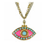 Michal Golan Medium pink evil eye necklace with teal crystal center & edges, handmade at Michal Golan Studios USA