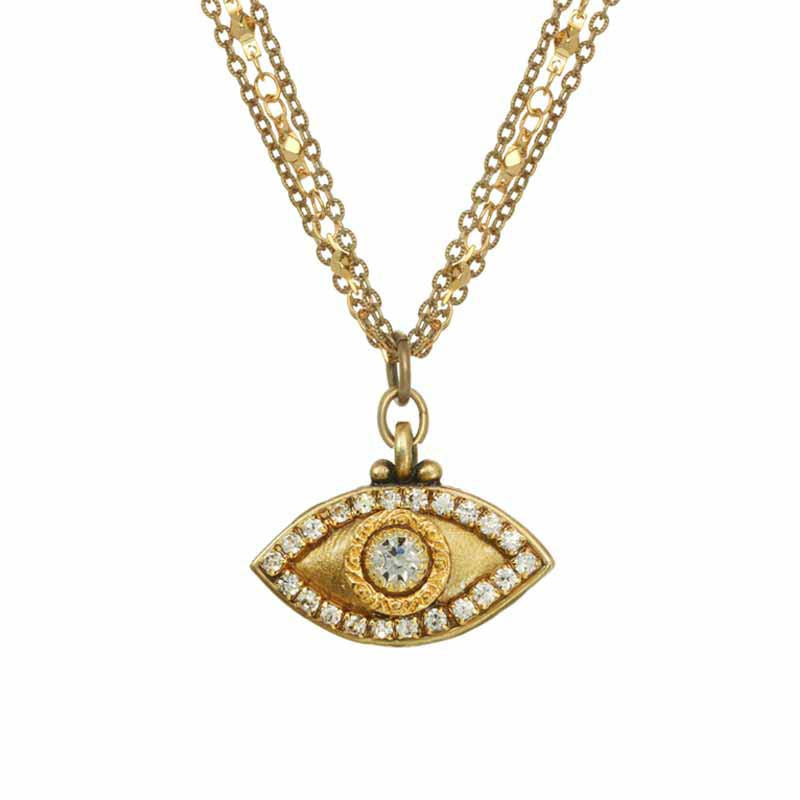 Michal Golan Medium gold evil eye necklace with crystal center & edges on triple strand chain, handmade at Michal Golan Studios USA