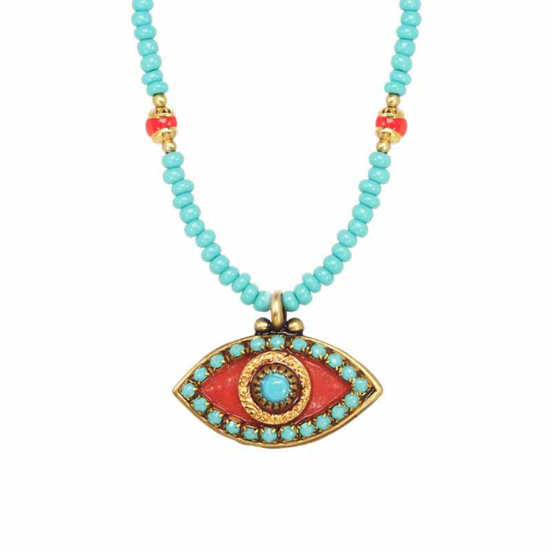 Michal Golan Medium orange medium evil eye necklace w/ blue center & edges on single, beaded chain, handmade at Michal Golan Studios USA