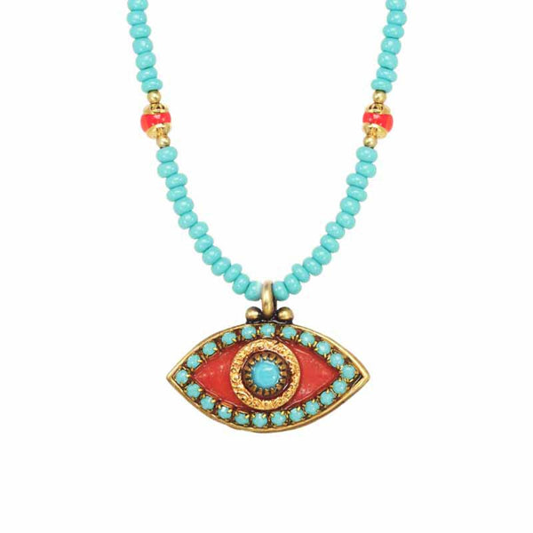 Michal Golan Medium orange medium evil eye necklace w/ blue center & edges on single, beaded chain, handmade at Michal Golan Studios USA