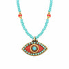 Michal Golan Medium orange medium evil eye necklace w/ blue center & edges on single, beaded chain, handmade at Michal Golan Studios USA