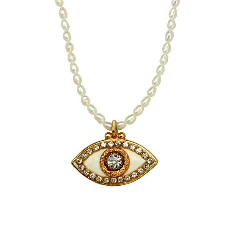 Michal Golan Medium white evil eye necklace w/ crystal center & edges on single, beaded chain, handmade at Michal Golan Studios USA