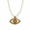 Michal Golan Medium white evil eye necklace w/ crystal center & edges on single, beaded chain, handmade at Michal Golan Studios USA