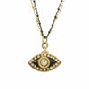 Michal Golan Medium black evil eye necklace w/ crystal center & edges on double strand chain, handmade at Michal Golan Studios USA