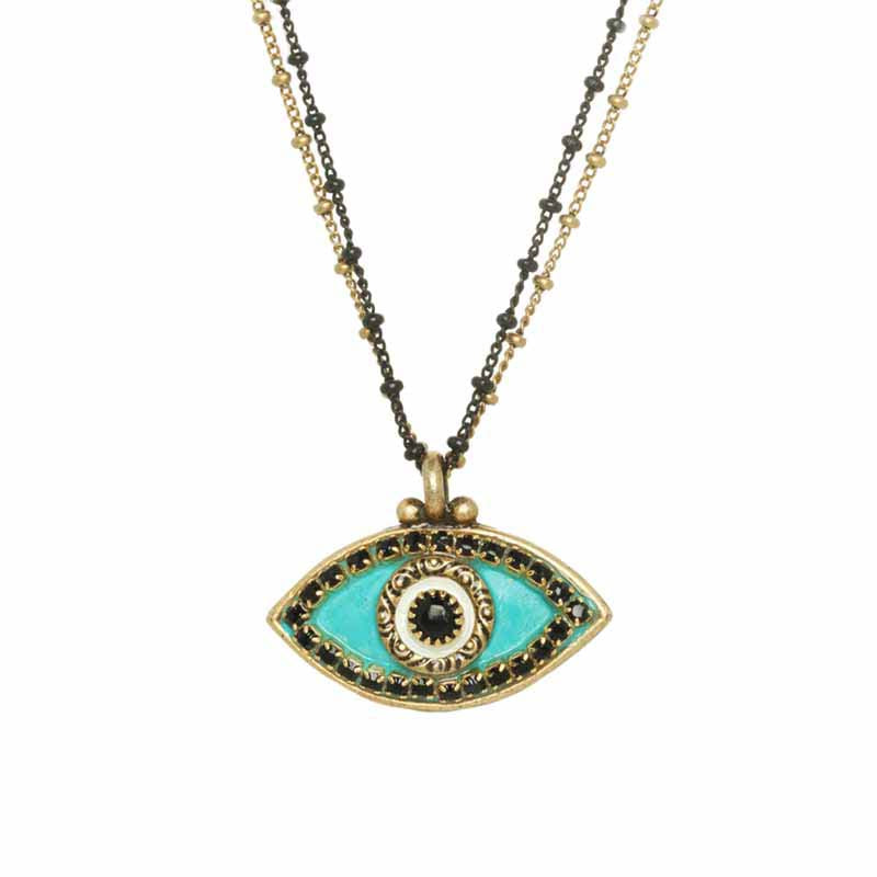 Michal Golan Medium turquoise evil eye necklace with black crystal center & edges on double strand chain, handmade at Michal Golan Studios USA