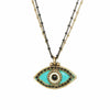 Michal Golan Medium turquoise evil eye necklace with black crystal center & edges on double strand chain, handmade at Michal Golan Studios USA