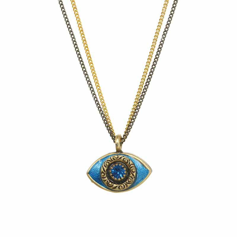 Michal Golan Small blue evil eye necklace w/ blue crystal center on double strand chain, handmade at Michal Golan Studios USA