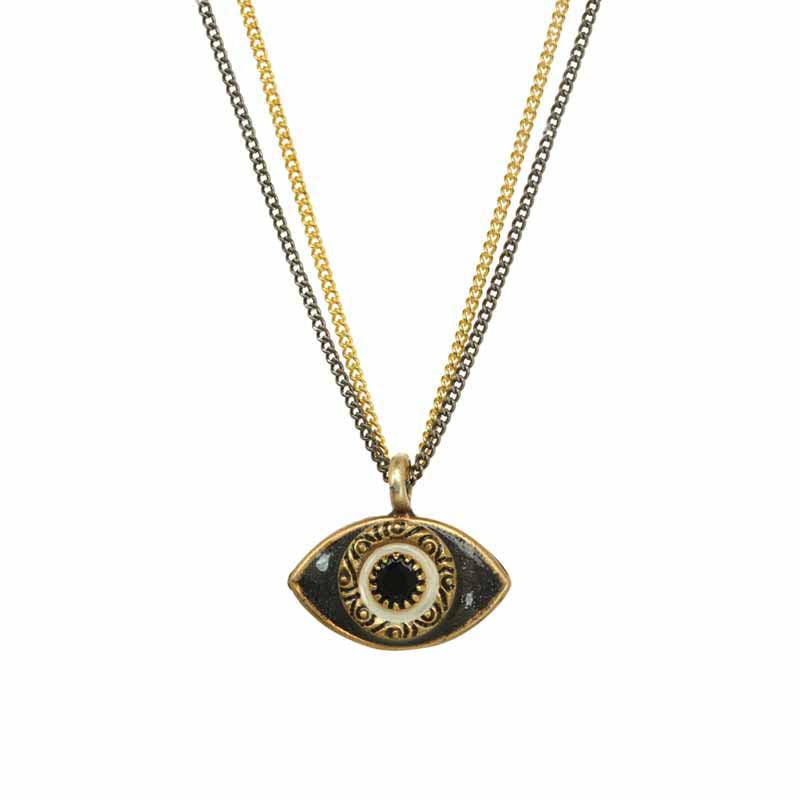 Michal Golan Small black evil eye necklace with black crystal center on double strand chain, handmade at Michal Golan Studios USA