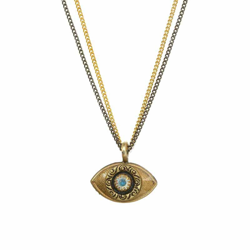 Michal Golan Small gold evil eye necklace with crystal center on double strand chain, handmade at Michal Golan Studios USA