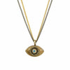 Michal Golan Small gold evil eye necklace with crystal center on double strand chain, handmade at Michal Golan Studios USA