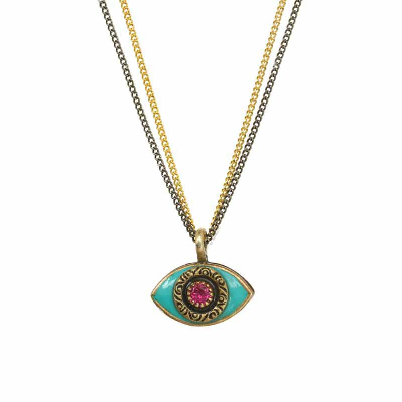 Michal Golan Small green evil eye necklace w/ pink crystal center on double strand chain, handmade at Michal Golan Studios USA