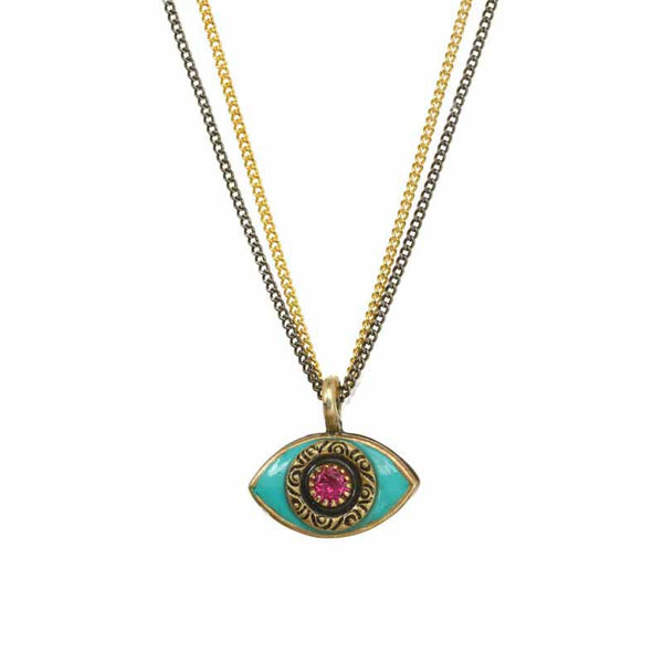 Michal Golan Small green evil eye necklace w/ pink crystal center on double strand chain, handmade at Michal Golan Studios USA