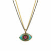 Michal Golan Small green evil eye necklace w/ pink crystal center on double strand chain, handmade at Michal Golan Studios USA