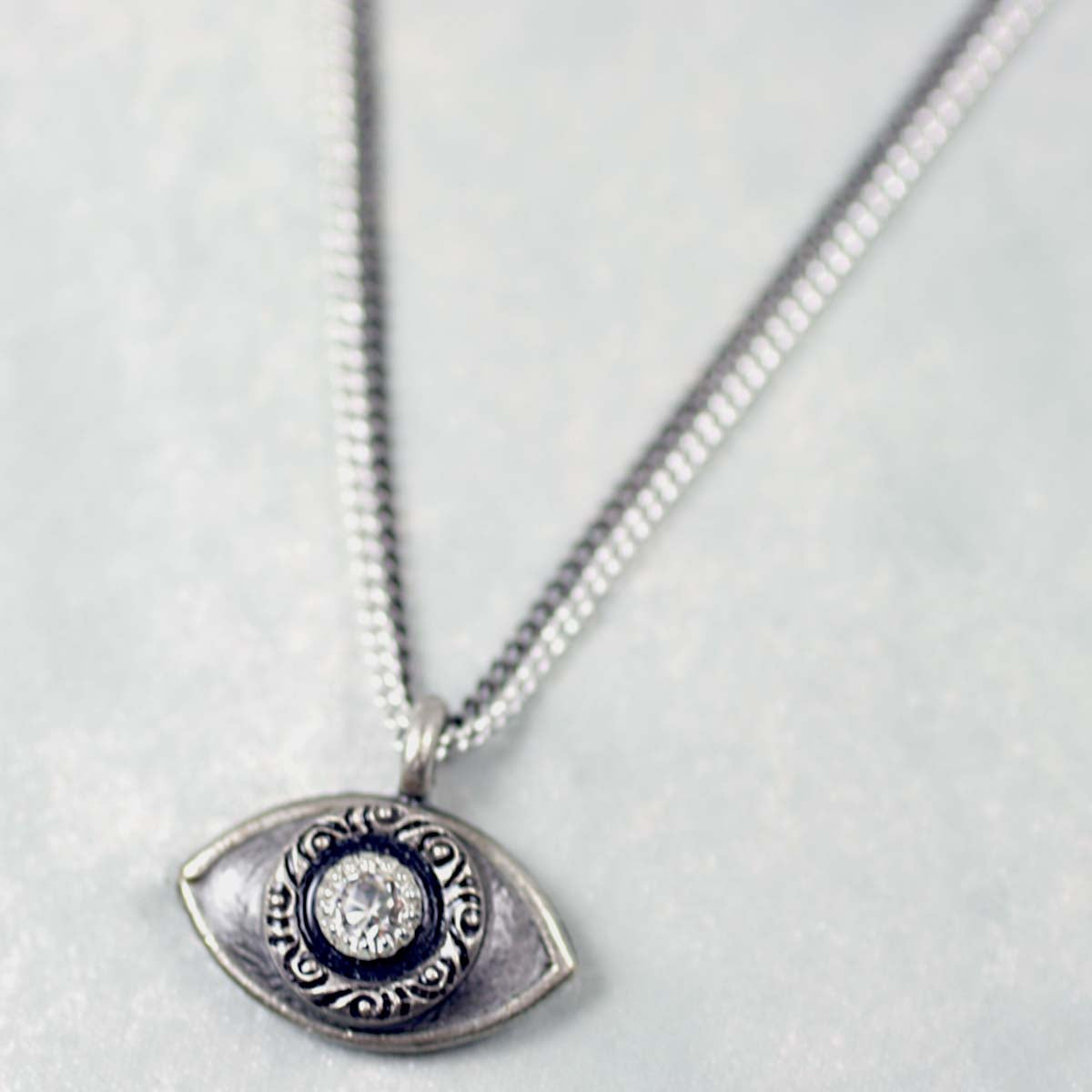 Michal Golan Small gray evil eye necklace w/ crystal center, handmade at Michal Golan Studios USA