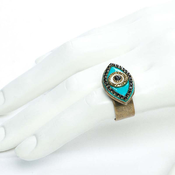 Michal Golan Black & turquoise evil eye ring, handmade at Michal Golan studios USA