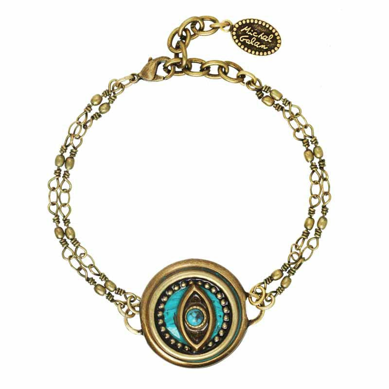 Michal Golan Round teal evil eye bracelet on double chain, handmade at Michal Golan studios USA