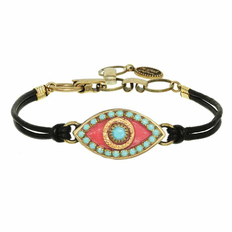 Michal Golan Medium pink evil eye bracelet with teal crystal center & edges on leather strap, handmade at Michal Golan Studios USA