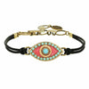Michal Golan Medium pink evil eye bracelet with teal crystal center & edges on leather strap, handmade at Michal Golan Studios USA