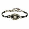 Michal Golan Medium black evil eye bracelet w/ crystal center & edges on leather strap, handmade at Michal Golan Studios USA