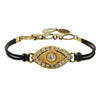 Michal Golan Medium gold evil eye bracelet w/ crystal center & edges on leather strap, handmade at Michal Golan Studios USA