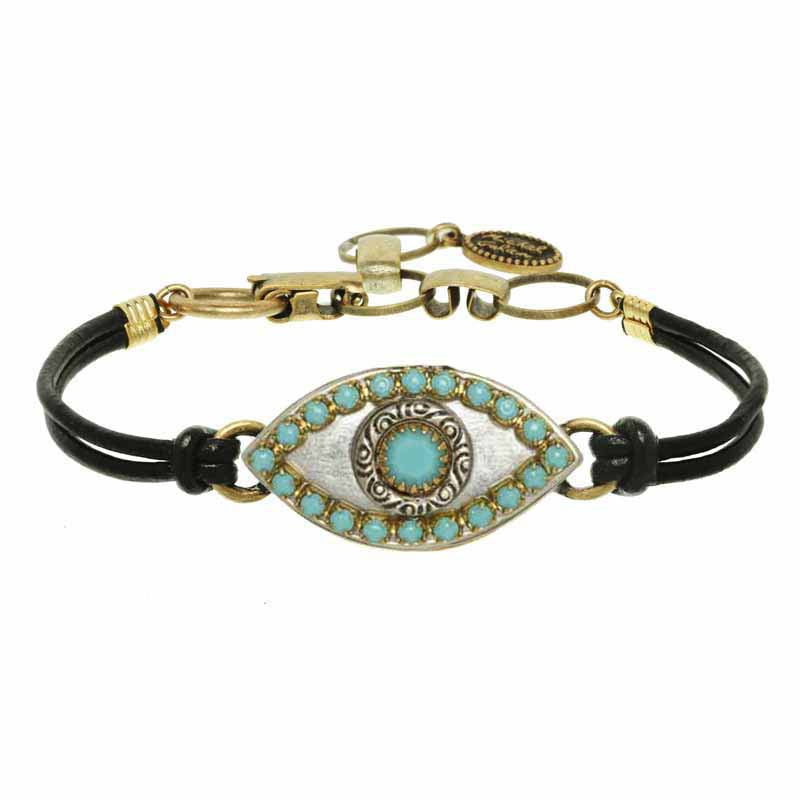 Michal Golan Medium silver evil eye bracelet with blue crystal center & edges, handmade at Michal Golan Studios USA