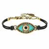 Michal Golan Medium teal evil eye bracelet w/ black crystal center & edges on leather strap, handmade at Michal Golan Studios USA
