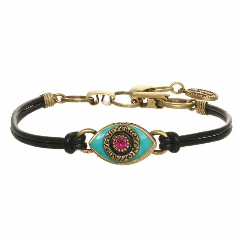 Michal Golan Small green evil eye bracelet w/ pink crystal center handmade at Michal Golan Studios USA